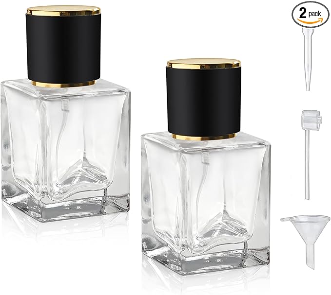 2 Pack 30ml/1 Oz Glass Spray Bottle Perfume Atomizer, Empty Travel Refillable Perfume Spray Bottle with 3 Kinds of Dispenser (Black Cap, 30ml)